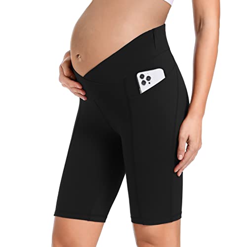 Foucome Women's Maternity Shorts Low Rise Stretch Running Workout Biker Shorts With Pockets 9" Black, S #TOP24