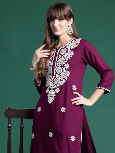 Image of INDO ERA Womens Straight Embroidered Chikankari Kurta