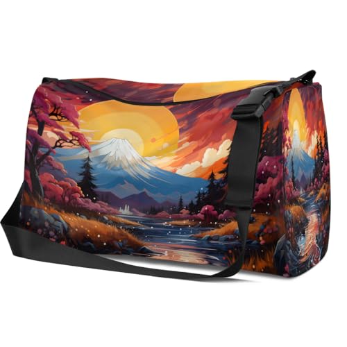 Gym Bags for Men 14.8 Inch Lightweight Carry On Bags for Airplanes Waterproof Duffle Bag for Travel, City Mount Fuji Drawing3