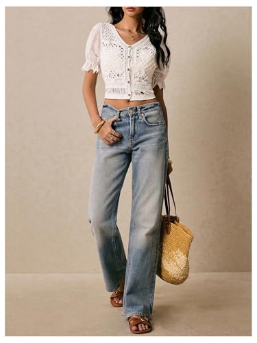 MakeMeChic Women's Floral Crochet Crop Sweater Eyelet Embroidery Puff Sleeve Button Down Cardigan4