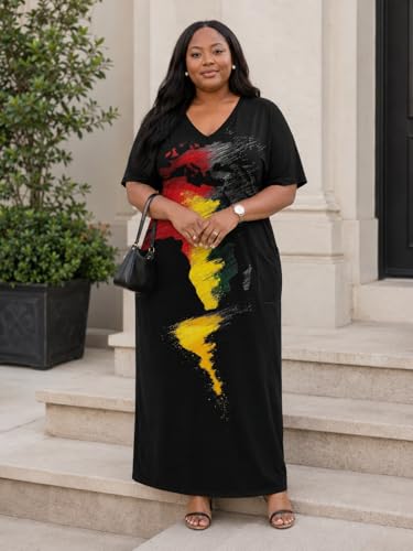 Image of Plus Size Maxi Dress for Women Short Sleeve V Neck Casual Loose Sundress with Pockets