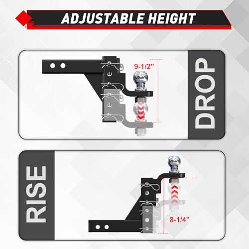Image of TYT Adjustable Trailer Hitch Ball Mount, 2 inch Towing Ball 7500 LBS, 9-1 /2 inch Drop and 8-1 /4 inch Rise, Fits 2-in Receiver with 2 Pin&Clips and 5 /8 inch Premium Pin Lock for Heavy Duty Truck