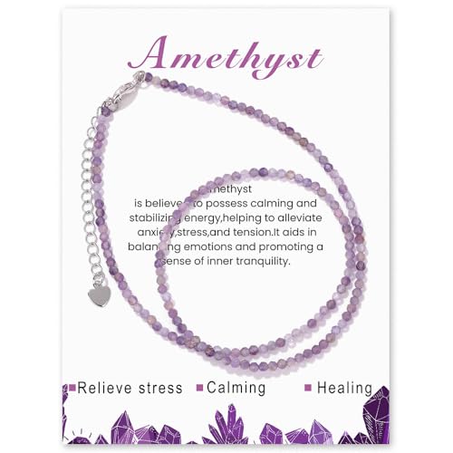 LOCCY Collier Pierres Naturelles Femme, 2mm Réglable Perle Cristal Pierre pour Femme Maman - Cadeaux d'Anniversaire Noël Fête des Mères (Améthyste)