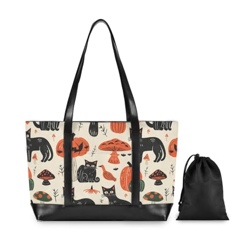 Halloween Cats Pumpkins Mushrooms Bold Linework Style trendy work bag with laptop compartment with zipper tote for gym with bolsos para mujeres2