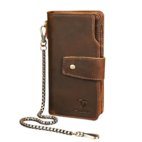 Image of Genuine Crazy Horse Leather Travel Gift Coin Pocket Card Case Long Organizer Chain Rfid Wallet Purse With Snap For Men Male 1803 1815 (W-1820-Brown)