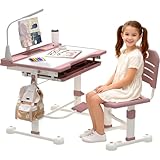 Ensemble Bureau et Chaise pour Enfants 3 à 12 Ans Chaise Bureau Enfant Fonctionnelle Hauteur Réglable Plateau Inclinable à 45° Lampe Led Support de Lecture Boîte à Stylos Tiroir et Porte-gobelet, Rose