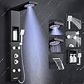 ROVOGO Led Shower Panel Tower System with Shelf, Rainfall & Mist Shower Head, Body Jets, Handheld and Tub Spout, Stainless Shower Column with Led Lights, Black