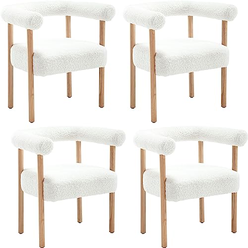 BESTANO Juego de 4 sillas de comedor modernas de mediados de siglo, sillas de comedor con reposabrazos y respaldo curvado, sillones tapizados de madera para cocina, color blanco sherpa