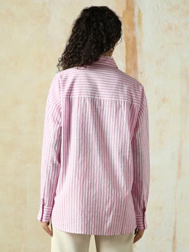 Image of HIGH Star Oversized Striped Cotton Shirt for Women | Stylish Tops for Women | Comfortable and Trendy Casual Shirt