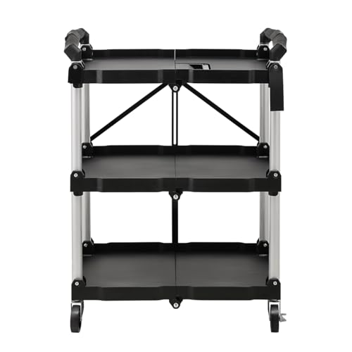 عربة خدمة محمولة قابلة للطي بثلاثة مستويات وبعجلات، عربة دفع تخزين عملية قابلة للطي مناسبة للمنزل والمكتب والمستودع والمطبخ من لوازم، لون أسود، مقاس 65 × 38 × 85 سم