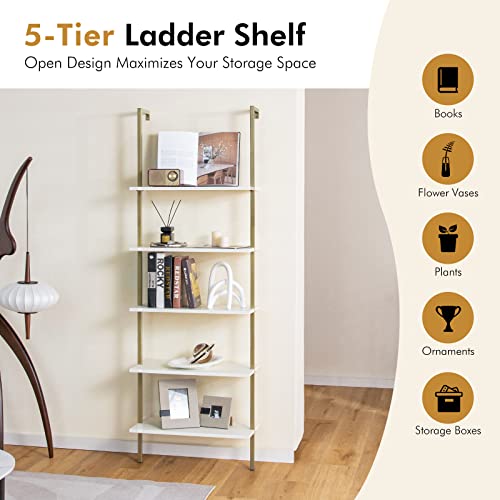 Giantex 5 Tier Modern Wall Mounted Bookshelf, 71'' White And Gold Wood Bookcase With Steel Frame, Stand Display Storage Rack Organizer Ladder Shelf For Living Room, Kitchen #TOP5