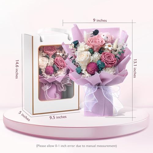 Polylove Forever Flower Bouquet Purple Flower Bouquet Preserved Roses with Bear Gift Box for Wife Mother Valentines Day Mothers Day Anniversary Birthday