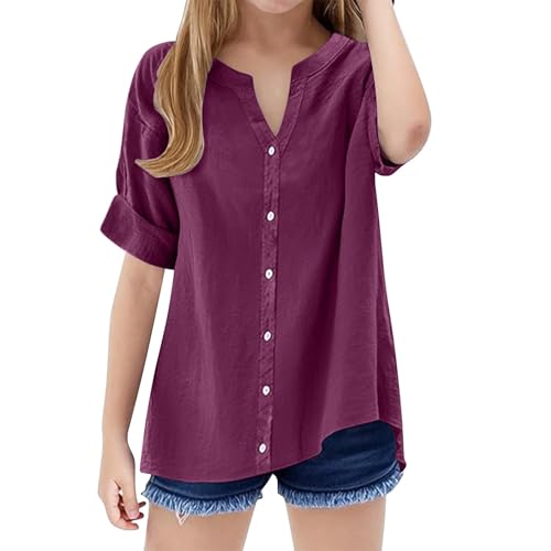 Youth Teen Girls Cotton Linen Summer T Shirts Buttons V Neck Short Sleeve Collar Tunic Outfits Solid Beach Casual Blouse