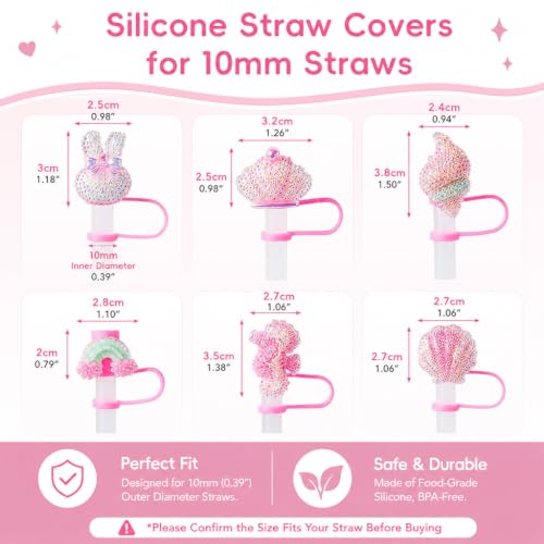 Image of HASTHIP Glitter Pink Straw Cover Caps Silicone Straw Toppers for Kids Party