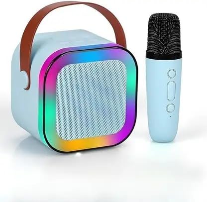 Image of Sky Blue Portable Bluetooth Speaker with Wireless Mic, RGB LED Party Light, Heavy Bass Karaoke Speaker, Rechargeable Battery, Portable Handle, Wireless Mic for Kids & Adults, Home & Outdoor Party
