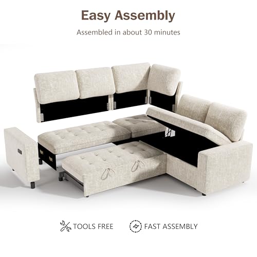 Image of Vipbear 85 Inch Modular Sectional Sofa with Pull Out Bed, Chenille L Shaped Sectional Sofa with USB Ports /Reclining Backrest /Storage Seats, Tool-Free Assembly, Sofa Couch for Living Room Begie