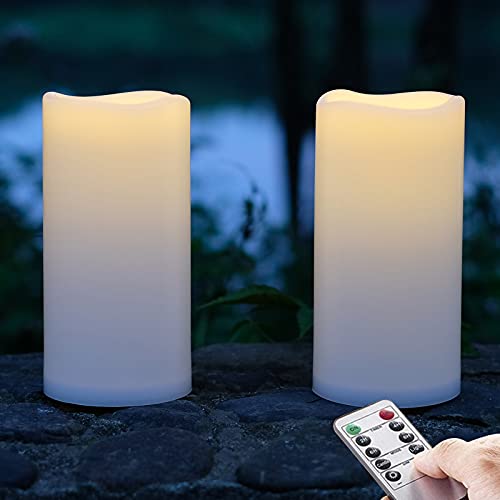 Image of NONNO&ZGF 4X8 inch Huge Outdoor IP44 Warm White LED Rainproof Waterproof Candles, Large Flameless Battery LED Pillar Candle with Remote and Timer, Resin, No Melt, 2 Pack
