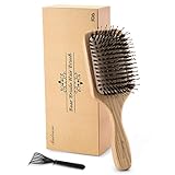Cepillo de pelo de madera con cerdas de jabalí [Aprobado por la FDA] para con cabello fino, grueso, ondulado, rizado. Masaje no estático del cuero cabelludo Detangling Paddle Design Hairbrush.