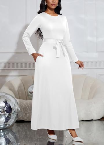 Long Dress for Women Casual Long Sleeve Dresses Maxi Dress Empire Waist Loose with Belt 20254