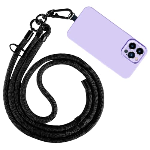 Soporte para teléfono, correa de nailon antirrobo, correa cruzada con parche, correa de nailon ajustable para el cuello compatible con la mayoría de teléfonos inteligentes, Negro, Refer to description