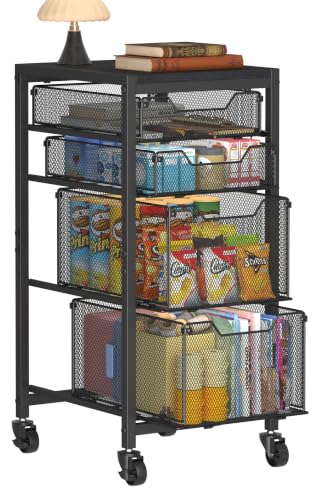 Image of Rolling Storage Cart with Drawers, Under Desk Storage with Wooden Tabletop & Lockable Wheels, 4-Tier Storage Drawers for Bathroom, Craft, Office, Black
