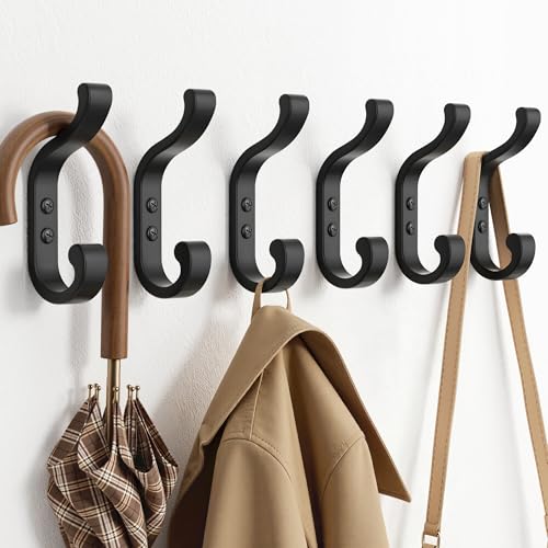 Image of Josmimic 6 Pack Large Coat Hooks Wall Mounted, Heavy Duty Black Metal Double Hooks, Individual Screw-in Wall Hooks for Coats, Hats, Towels and Bags, Strong Coat Hooks up to 13.5 kg