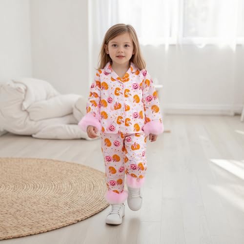 Toddler Baby Girl Satin Pajamas Set Silk Halloween Pjs Furry Cuff Button Down Top Long Pants Sleepwear Fall Clothes3