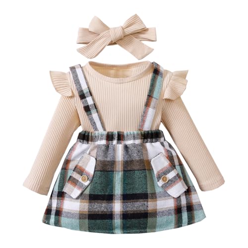 LUVCES Girls' Skirts Set Autumn Long Sleeves with Ruffles Ribbed Top + Plaid Suspenders/Bow Dress + Headband 3 Pieces Complete Girls Dresses, a:3pcs khaki, 12-18 mesi