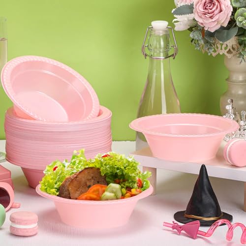 Image of Lallisa 100 Pcs 12oz Pink Disposable Plastic Bowls Pastel Party Supplies | Dessert Cups for Ice Cream Salad Soup, Serving Bowls Valentines Easter Gender Reveals Picnic, Food Safe, Sturdy