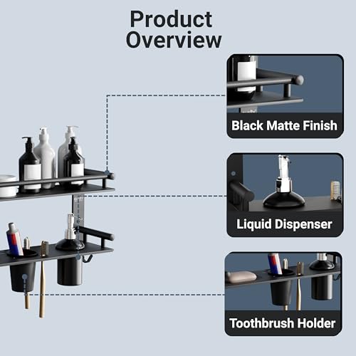 Image of GLOXY Premium Stainless Steel Black Matt Finish 2 Layer Bathroom Shelf Rack with Soap Holder, Liquid Soap Dispenser & Toothpaste Holder - 4 in 1 Washroom Rack for Home, Office, Hotels & Restaurants