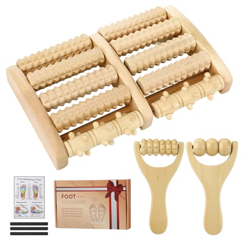Aulock Double Foot Roller Massager Kit for Plantar Fasciitis Relief - 3 pcs Wooden Anti-Slip Feet Massager for Neuropathy Pain, Useful Gifts for Mom, Dad