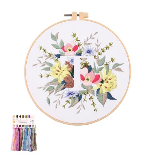 Image of artcici Embroidery Kits Plant Flower Leaf English Letter Patterns for Beginners Adults, Full Range Embroidery Starter Kits Cross Stitch Needlework Supplies (Letter T)
