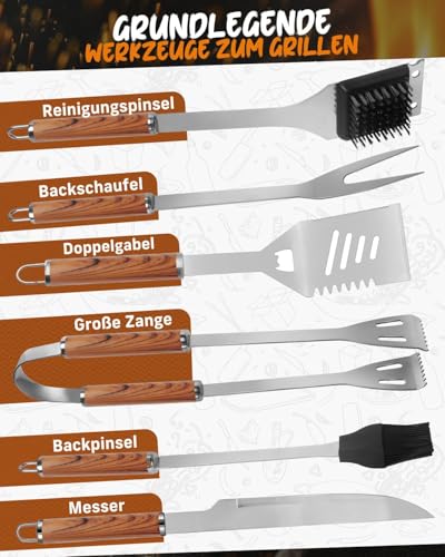 Grillbesteck Set, 12-teilige Edelstahl Grillzubehör Set mit Aufbewahrungskoffer, Langlebige BBQ-Tools für das Grillen im Freien, Camping, Professionelle Grillbesteck für Männer Frauen