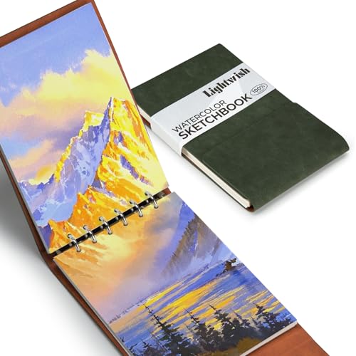 LIGHTWISH 水彩スケッチブック コットン100% 300g/m² 細目 20枚 14×21cm アーティスト用 携帯 水彩 色鉛筆 アクリル対応 日記帳