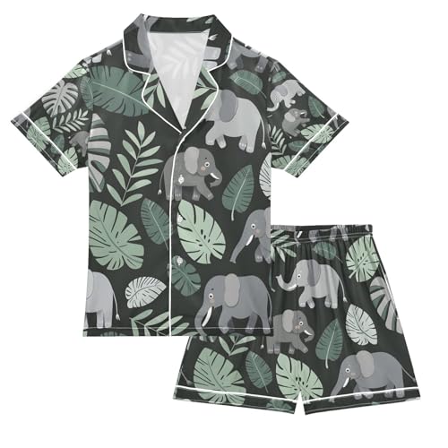 senya Tropical Elephant Satin Summer Pajama Sets Silk Short Sleeve Button Down Sleepwear