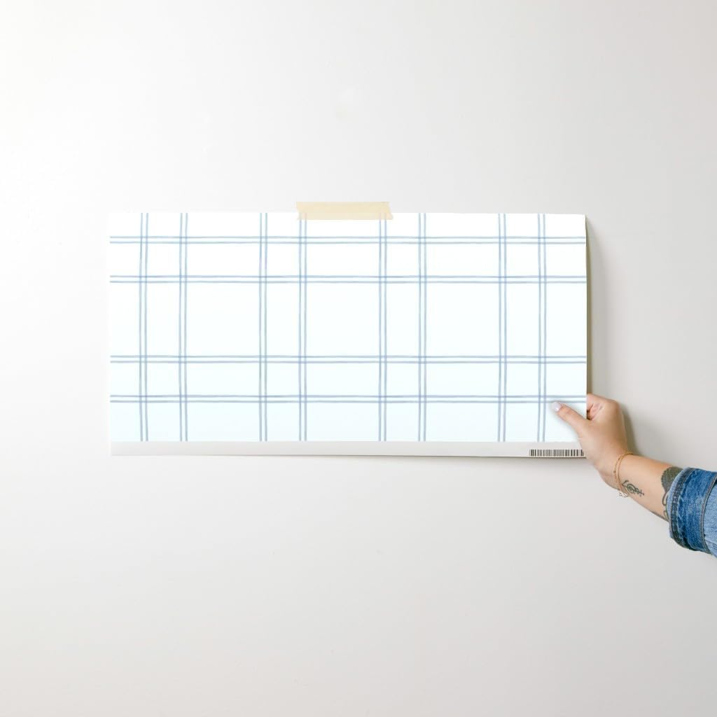 Peel & Stick Wallpaper Swatch - Farmhouse Check Soft Blue and Cream Simple Minimal Classic Neutral Large Scale Custom Removable Wallpaper by Spoonflower