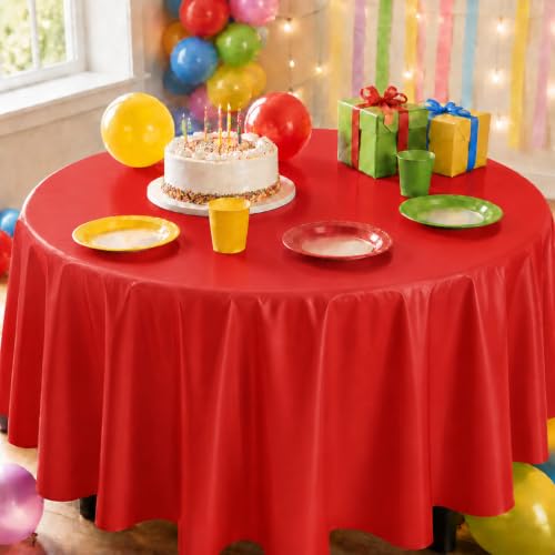 Image of Party Dimensions Red Disposable Plastic Tablecloth, Round, 84 inch, 12 Pack | Disposable Waterproof Table Cover for Birthdays, Weddings, Graduations, Picnics & BBQs, Indoor /Outdoor, Fits Tables up to 72 inch