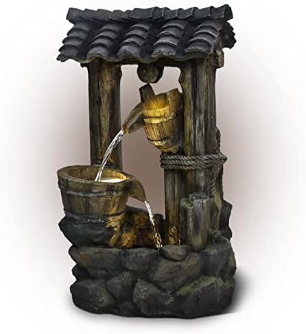 29.2" H Garden Outdoor/Indoor Fountain with LED Lights Barrel Water Pump Floor-Standing Waterfall Feature Fountains for Garden, Patio, Deck, Porch, Backyard and Home Art Decor