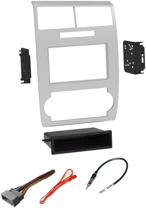 Silver Single or Double Din Car Stereo Install Dash Kit, Wire Harness, and AM/FM Radio Antenna Adapter -Made for Dodge: No Factory External Amp Vehicles: 2005-2007 Charger and 2005-2007 Magnum