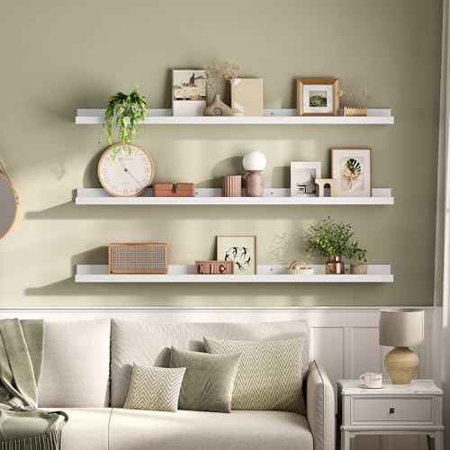 Image of HOOBRO Floating Shelves, Wall Shelf Set of 3, 47.2 Inches Hanging Shelf with Raised Edge and Invisible Brackets, for Bathroom, Bedroom, Kitchen, Office, Living Room Decor, White WT92BJ01
