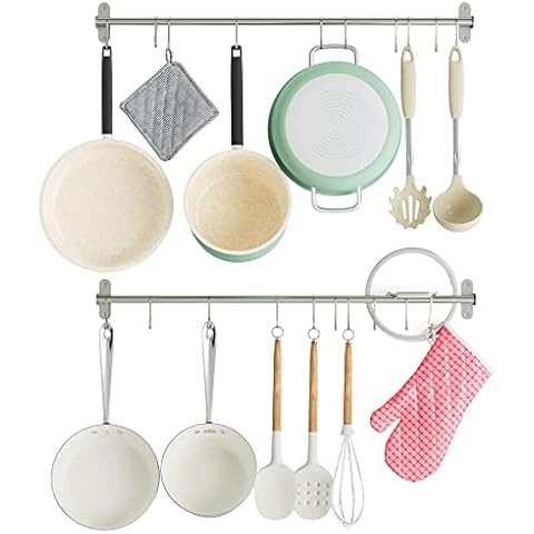 Gourmet-Küchen-Set, Edelstahl, 80,9 cm, Wandhalterung, Schiene, S-Haken, Set, Utensilien, Topf, Pfannendeckel, Aufbewahrung, Organizer, silber (2) Cover