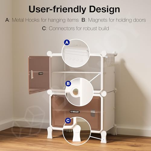 Image of BOXJOY 4 Shelf White Shoe Rack for Home with 2 Brown Doors, Hard PET Plastic with Metal Door Frame, Shoe Chappal Slipper Sandals Stand