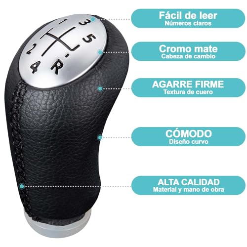 Miniatura 5 de Spurtar Pomos De Palanca De Cambios 5 Velocidades Manual Palanca De Velocidad Del Coche Para Renault Clio 3 Iii 2005-09, Clio 4 2012-19, Megane 2 Laguna 2 2003-09, Negro Cuero, Con Adaptador