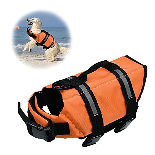 Podazz Chaleco Salvavidas para Perros Chaleco de Seguridad Reflectante Chaleco Salvavidas Ajustable para Perros Salvavidas para para Perros para Nadar, Surfear, pasear en Bote (Naranja, Large) Cover