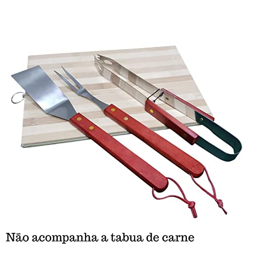 Kit churrasco 3pçs 32cm garfo, pinça e espátula aço inox cabo madeira UD576