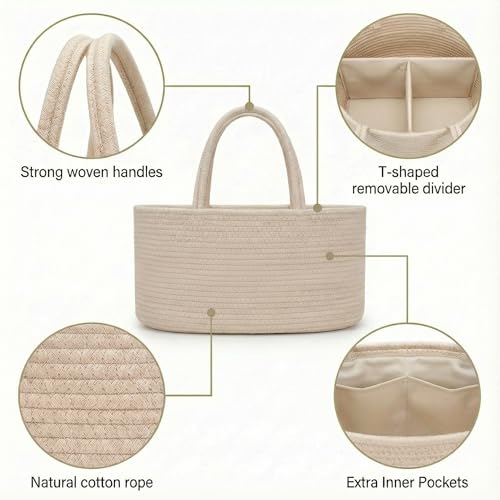 Image of luxury little Diaper Caddy Organizer, Large Cotton Rope Nursery Baby Basket, Changing Table Organizer for Baby Diaper Storage, Portable Car Organizer Removable Divider (Oatmeal, Extra Large)