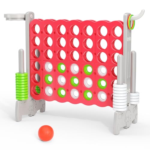 Giant 4 in a Row Game, 3-in-1 Giant Connect 4 Outdoor Game with Basketball Hoop, 42 Jumbo Ring, Ring Toss, Garden Connect 4 to Score Game for Kids Adults(Gray& red)