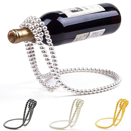Pearl Necklace Shaped Floating Wine Bottle Holder, Creative Metal Chain Suspension Wine Rack, Magic...