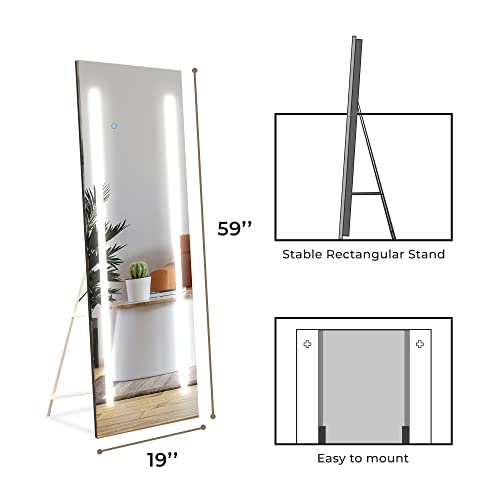 Full Length Led Lighted Free Standing Floor Mirror With On/Off Touch Button For Makeup, Dressing In Bedroom & Living Room 19"X59" By Fab Glass And Mirror #TOP1