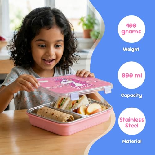 Image of Famyo Stainless Steel Lunch Box for Kids, with 3 Compartments, 800ml (Pink) | Bento Lunch Box | Leakproof Tiffin Box | BPA-Free & Food Safe, Ideal for Meals & Snacks